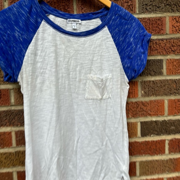 Express White and Blue Marled Baseball Tee Short Sleeve Ringer Tee Shirt - Picture 3 of 5